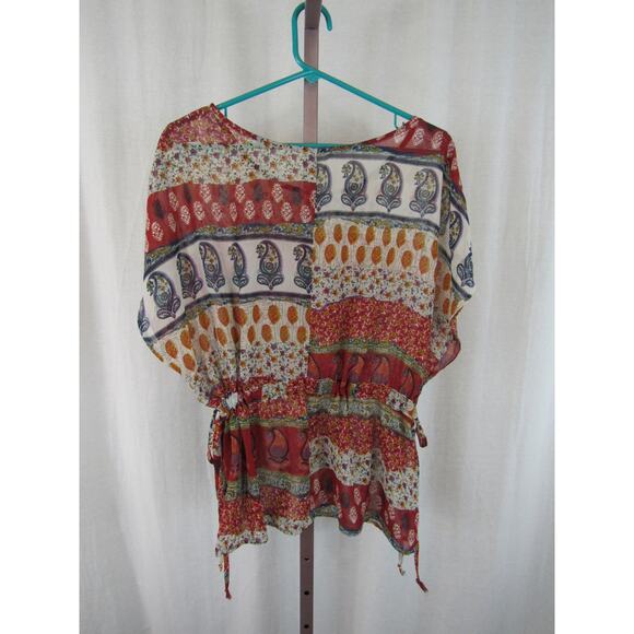 Lush Medium Semi Sheer Multi Print Top Paisley Stripes Adjustable Swim Coverup - Picture 9 of 11